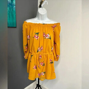 Women's 2X Off Shoulder Blouse Floral Dot Peasant Yellow Tie Waist Cottagecore
